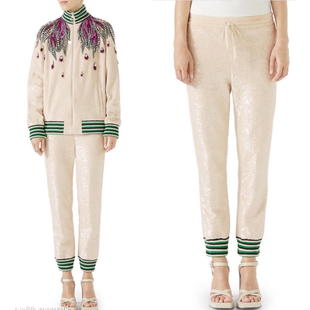 Gucci Ivory Sequin Encrusted Jersey Jogger Pants